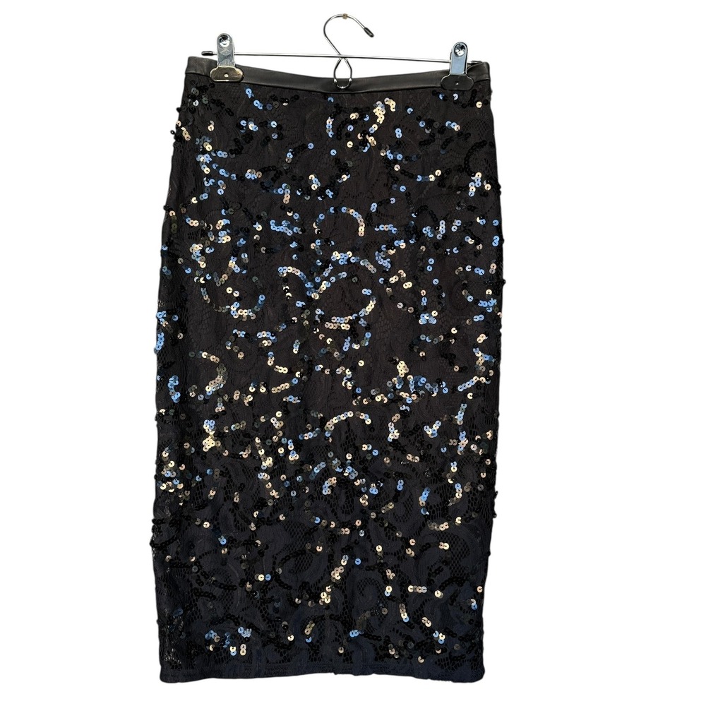 Express Skirt Womens 4 Black Sequin Lace Pencil Party Cocktail Midi Evening